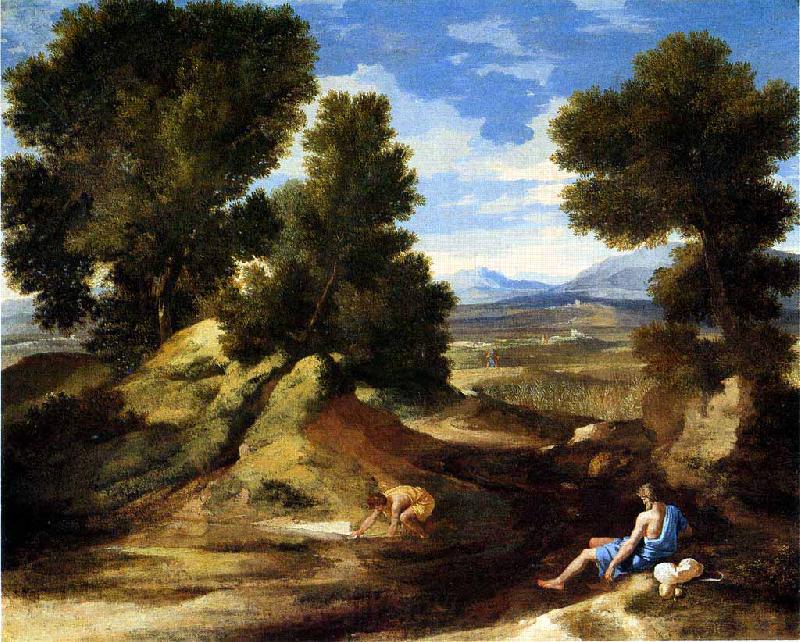 Nicolas Poussin Landscape with a Man Drinking or Landscape with a Man scooping Water from a Stream Norge oil painting art